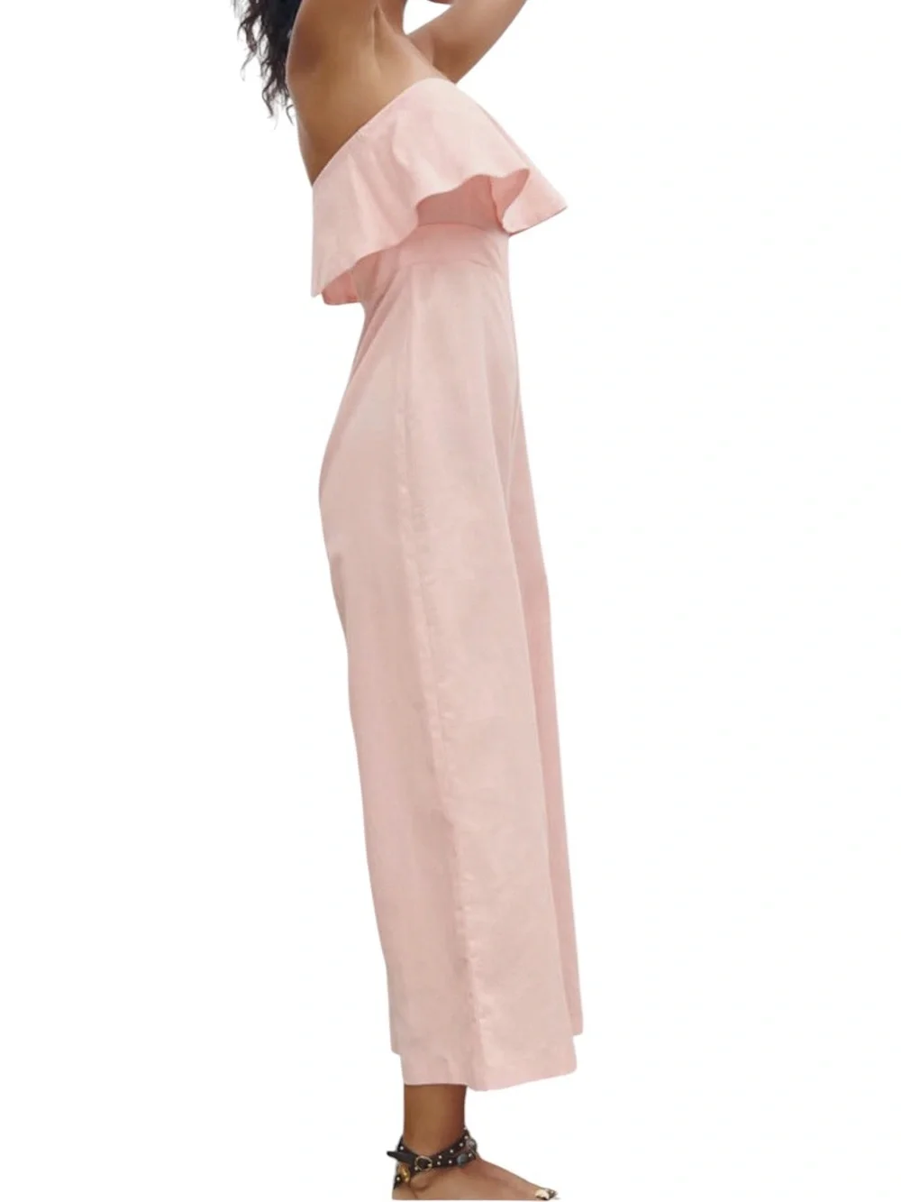 Zara Pink Linen Strapless Cropped Wide Leg Jumpsuit - S